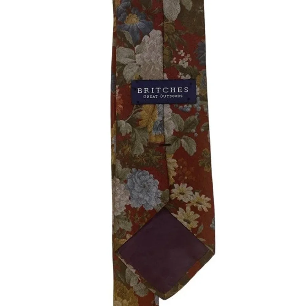 Britches VINTAGE from 1980s Brown Floral Silk Tie 100% Rayon Like New Condition - Picture 4 of 4